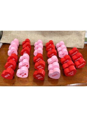 Sweethearts Wooden Conversation Hearts Pink & Red Set Of 33 Valentines Day Decor